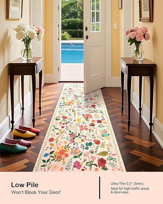 Boho Floral Runner Rug 2x6, Washable Non-Slip Kitchen Rug, Ultra Soft Vintage Carpet for Hallways, Kitchen, Bedroom, Bathroom (Beige)