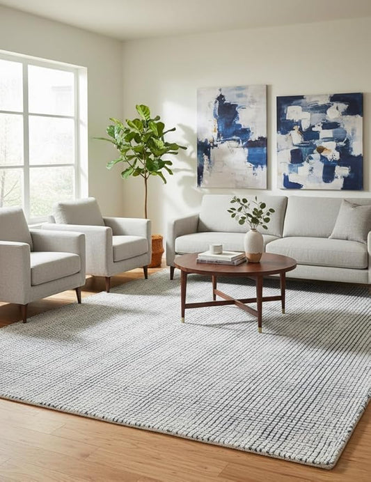 Hand-Tufted 100% Wool Pile Area Rug – Geometric Textured Grid Check Pattern – Thick and Durable Floor Carpet for Bedroom, Living Room, Kids Room, and Dining Area (Indigo Blue, 5' x 5')