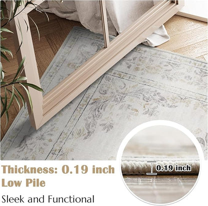 jinchan Vintage Floral 6x9 Area Rug for Living Room - Machine Washable Distressed Design Soft Throw Rug Ultra-Thin Non-Slip Large Carpet for Bedroom Nursery Dining Room Home Office (6x9ft, Light Grey)