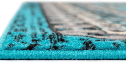 Unique Loom Taftan Collection Border Geometric Tribal Inspired Design Area Rug (7' 0 x 10' 0 Rectangular, Turquoise/ Gray)