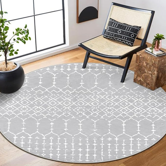 Lahome Moroccan Washable Round Rug 4Ft Round Area Rugs for Bedroom Non-Slip Grey Stain Resistant Round Kitchen Rug, Modern Geometric Print Indoor Floor Circle Carpet for Entryway Living Room Sofa
