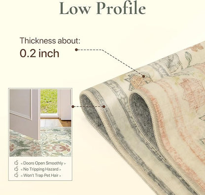 Bavni 5x7 Area Rugs for Living Room, Microfiber Machine Washable Non-Slip Vintage Floral Rug, Low Pile Lightweight Carpet for Bedroom, Dining Room, Home Office, Beige&Green