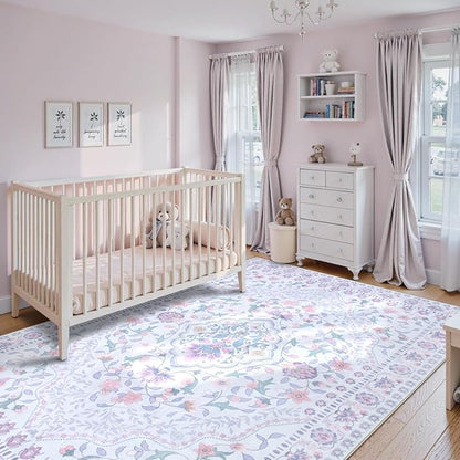 Wonnitar Floral Purple Rug for Bedroom, 8x10 Washable Rugs for Nursery Girls, Boho Low Pile Soft Non Slip Carpet for Dorm Living Room Playroom Home Decor, Pale Purple
