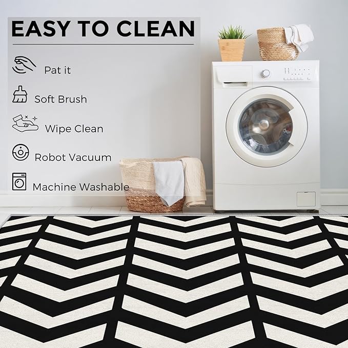 5x8 Black and White Chevron Rugs for Bedroom Decor, Washable Chevron Geometric Pattern Area Rug, Living Room Home Decoration, Non Slip Soft Thin, Modern Zigzag Decor Carpet PF-P 49
