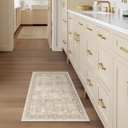 Beige Entryway Rug Indoor, 2x3 Small Door Rugs for Entry Way/Kitchen/Bathroom, Washable Non Slip Low Pile Thin Door Mat Indoor Entrance, Vintage Neutral Earth Tone Rug with Decorative Fringe
