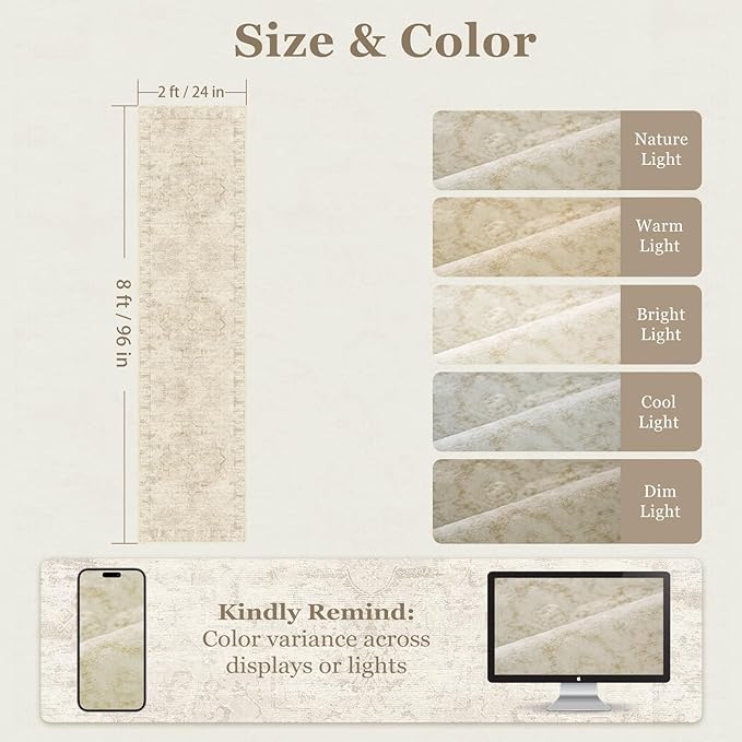 Beige 2x8 Entryway Runner Rug, Washable Non Slip Hallway Ktichen Runner Indoor, Low Pile Vintage Medallion Distressed Carpet Runners 8ft for Bedroom Bedside/Laundry Room/Bathroom