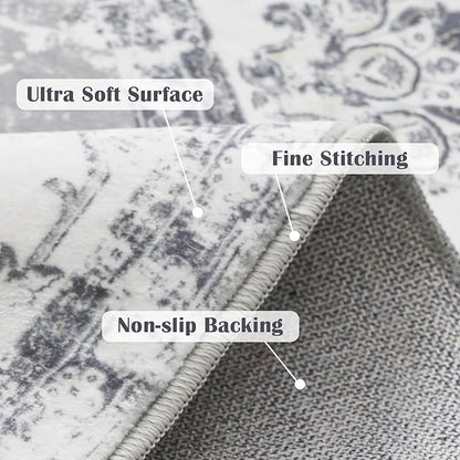 jinchan Fiora Round Rug 6ft Area Rug - Grey Vintage Floor Mat Indoor Ultra-Thin Soft Floral Print - Washable Circle 6' Retro Accent for Farmhouse Non Slip Dining Room Living Room Bedroom Office