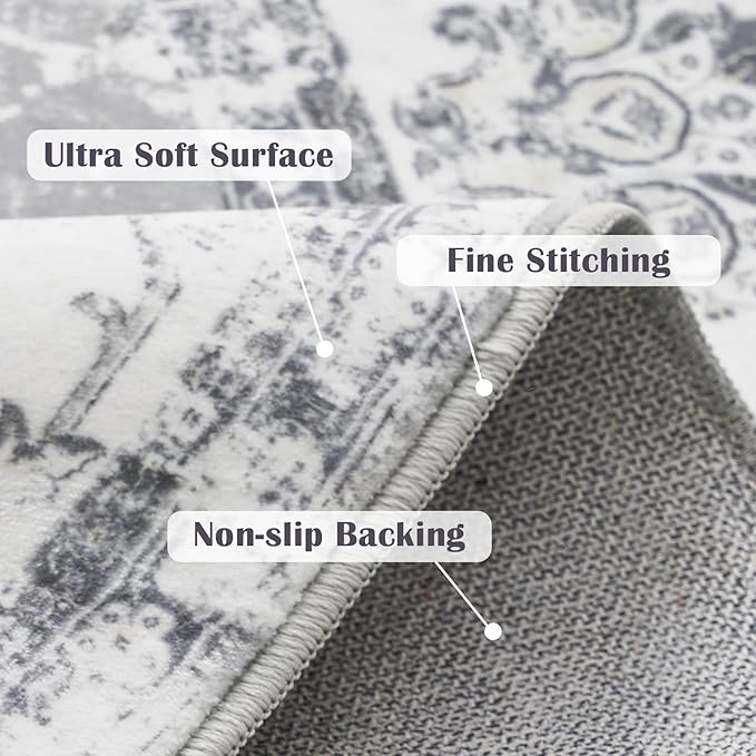 jinchan Fiora Round Rug 5ft Area Rug - Indoor Vintage Hallway Circle 5' Washable - Ultra-Thin Low Pile Soft Small Non Slip Distressed Floral Print for Living Room Dining Room Bedroom Entryway Grey