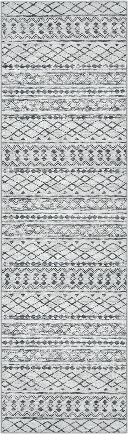 KUTA Boho Runners for Hallways 2x8 Grey Moroccan Washable Runner Rug Non-Slip Vintage Kitchen Rugs Ultra Soft Distressed Geometric Floor Carpet for Bedroom Laundry Living Room
