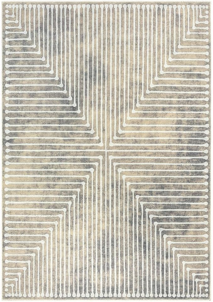 GLN Rugs Contemporary Collection - Machine Washable Area Rug, Contemporary Washable, Non Slip, Low Pile Chenille Rug, Living Room, Bedroom, Kitchen Rug (6' x 9' Lines Cream)