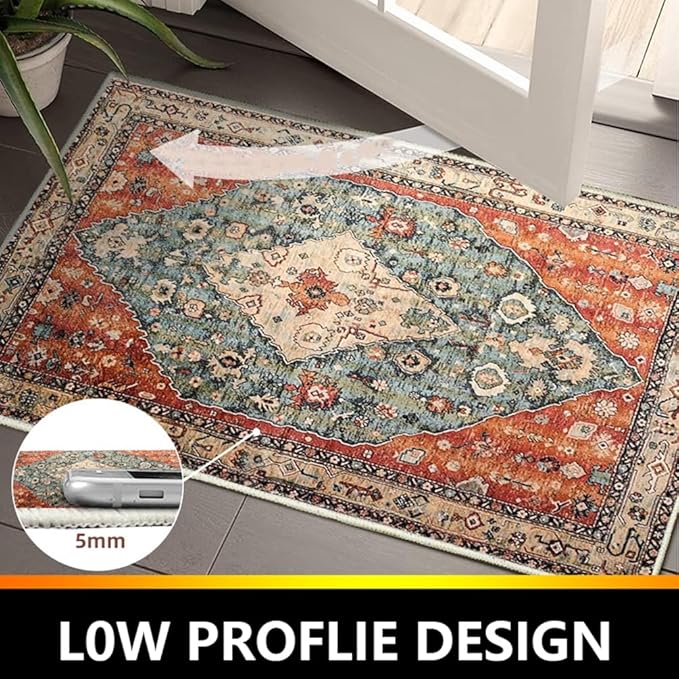 Boho Vintage Oriental Entry Rugs for Entrance Non-Slip Washable Tribal Small Area Rug,Ultra Soft Bohemian Floral Medallion Low-Pile Indoor Front Door Mat for Bedroom Kitchen Bathroom 16" x 24"