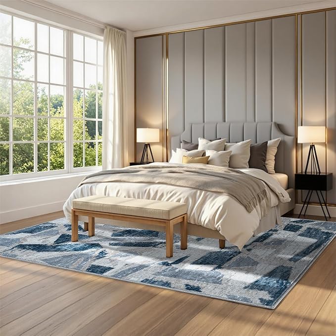 Blue 6X9 Area Rugs for Living Room Bedroom,Modern Abstract Large Carpet Washable Rugs 6X9 for Dining Room Office,Non Slip Print Faux Wool Thin 6 by 9 Indoor Nursery Kids Home Pet & Child Friendly