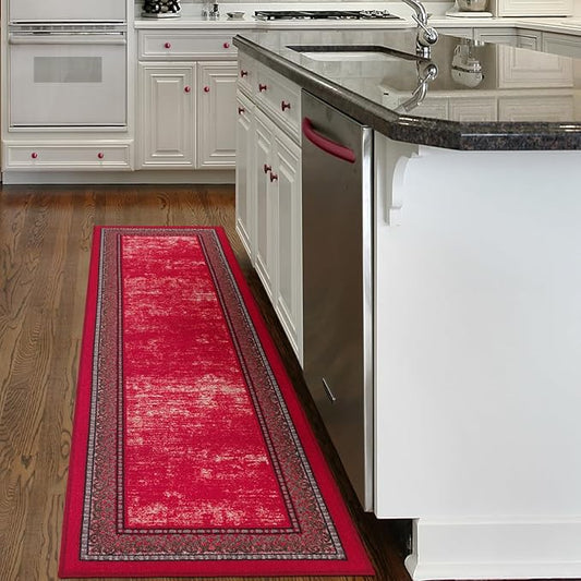Antep Rugs Alfombras Bordered Modern 2x10 Non-Slip (Non-Skid) Low Pile Rubber Backing Indoor Area Runner Rug (Red, 2' x 10')