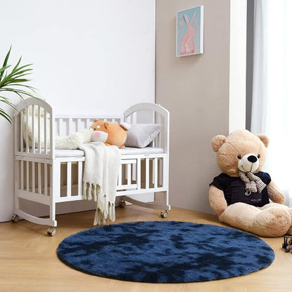 duduta Navy Blue Fluffy Round Rug 4x4 ft, Tie-Dyed Shag Fuzzy Plush Circle Throw Rug for Nursery Bedroom Living Room Home Decor