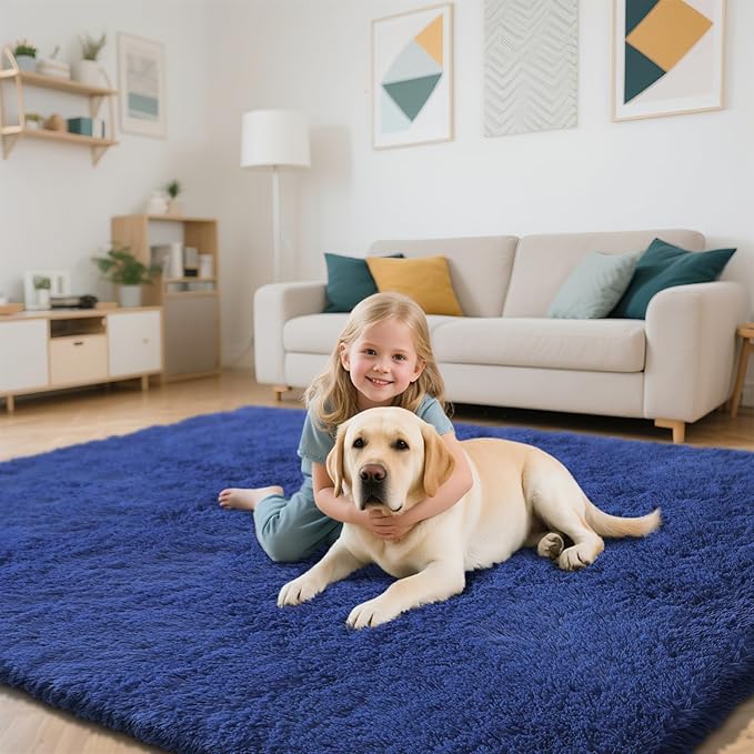 Blue Fluffy Rug Shaggy Area Rug, 5x8 Area Rugs for Girls Bedroom, Soft Cute Baby Play Mat, Indoor Floor Carpet for Teen, Nursery, Preppy Dorm, Plush Aesthetic Bedside Rug