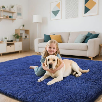 Blue Fluffy Rug Shaggy Area Rug, 8x10 Area Rugs for Girls Bedroom, Big Soft Shaggy Bedside Non-Slip Plush Dorm Nursery Kids Carpet Home Decor Aesthetic