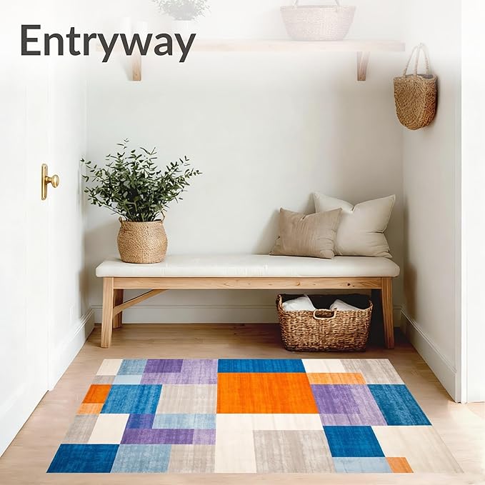 Flatwoven High Traffic Area Rug 8x10, Modern Abstract Color Block Area with Artistic Flair, Non Slip, Stain Resistant, Washable Area Rugs for Living Room, Bedroom (Blue, 8x10)