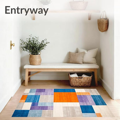 Flatwoven High Traffic Area Rug 6x9, Modern Abstract Color Block Area with Artistic Flair, Non Slip, Stain Resistant, Washable Area Rugs for Living Room, Bedroom (Blue, 6x9)