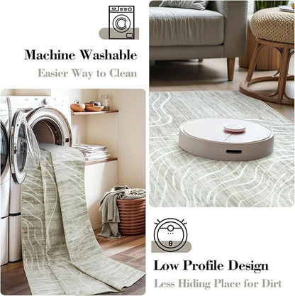 LIVEBOX Machine Washable Modern Abstract 6x9 Area Rug Clearance, Non Slip Large Bedroom Living Room Nursery Girl Rug Minimalist Wave Striped Neutral Boys Rug, Carpet for Playroom(Beige,6'x9')