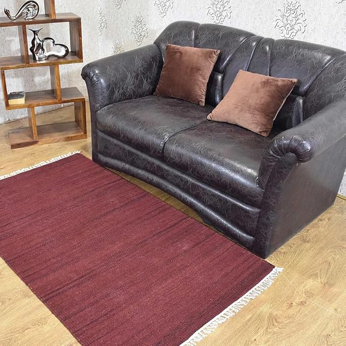 Rugsotic Carpets Hand Woven Flat Weave Kilim Wool 3'x5' Area Rug Solid Dark Red D00111
