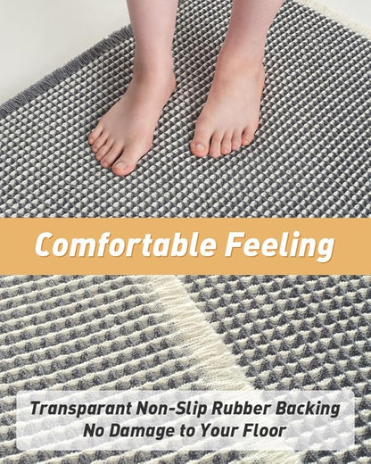 Upgraded Waffle Bath Mat, Super Absorbent Non Slip Bath Mats for Bathroom Floor, Machine Washable Bathroom Rugs with Tassels, Rubber Backed Bathroom Mats, Ultra Soft, 20" x 32",DarkGrey & Cream