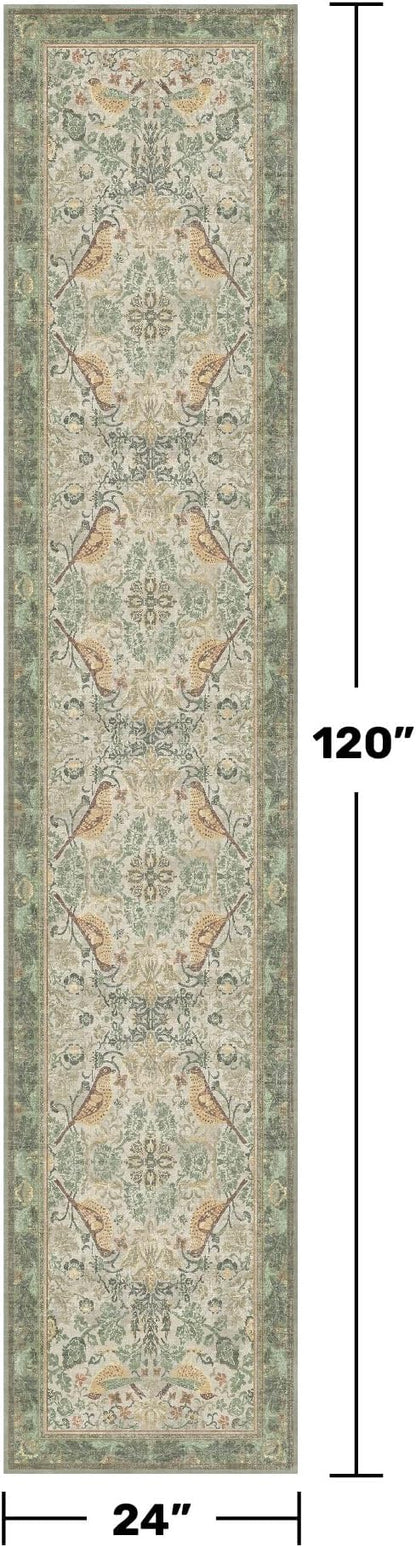 Vintage Sage Runner Rugs for Hallways - Light Green 2x10 Kitchen Runners, 10 ft Long Entryway Rug, Botanical Boho Pattern with Flowers and Leaves, Washable Non Slip Low Pile
