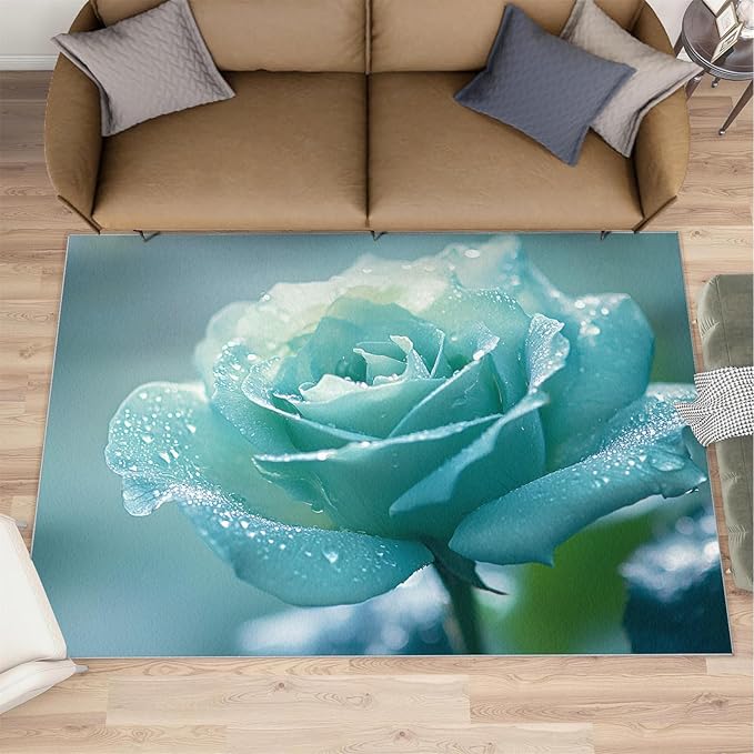 4x5 Blue-Rose Indoor Outdoor Rug - Realistic Florals Bedside Rug, Flowers Washable Entry Way Rugs Kids Carpet for Inside House Playroom Living Room End Table Nursery