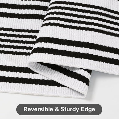 Outdoor Front Door Mat 3'x5', Black and White Cotton Hand Woven Striped Rug,Reversible Washable Front Porch Rug, Foldable Layered Doormat for Entryway/Home Entrance/Farmhouse