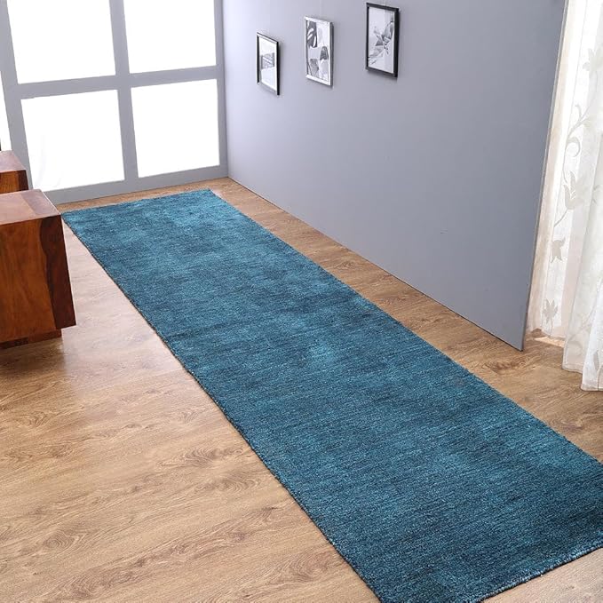 Hand Knotted Loom Wool ECO-Friendly Area Rugs - 2'6''x6', Runner, Blue Color, Solid Plain Design, High Pile Thick Handmade Anti Skid Area Rugs for Living Room, Bed Room (L00111)