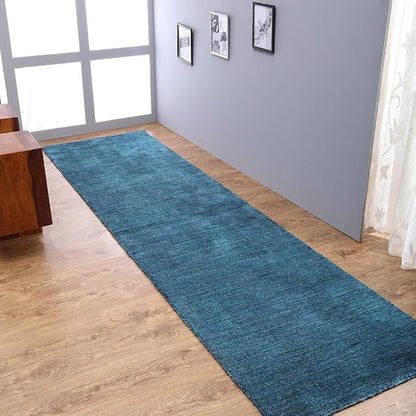 Hand Knotted Loom Wool ECO-Friendly Area Rugs - 2'6"x8', Runner, Blue Color, Solid Plain Design, High Pile Thick Handmade Anti Skid Area Rugs for Living Room, Bed Room (L00111)