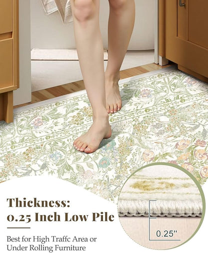 Floral Sage Green Washable Area Rugs 9x12 for Living Room, Vintage Large Thin Botanical Rug for Bedroom, Dining Room Under Table - Cottagecore Soft Boho Accent Carpet with Low Pile & Non-Slip