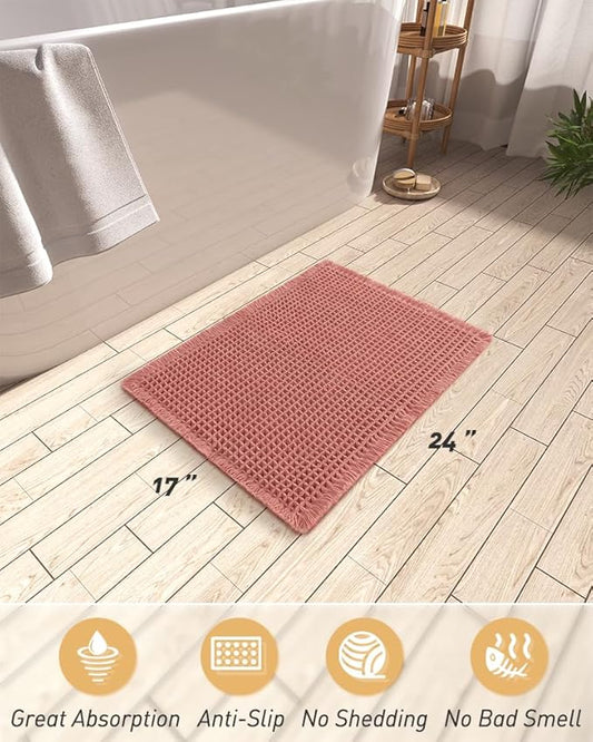 AMOAMI Upgraded Waffle Bath Mat, Super Absorbent Non Slip Bath Mats for Bathroom Floor, Machine Washable Bathroom Rugs with Tassels, Rubber Backed Bathroom Mats, Ultra Soft, 17" x 24", Coral
