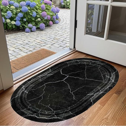 Black Grey Striped Texture Bordered Rugs 5x7 Modern Minimalist Indoor Large Area Rug for Living Room Bedroom Dining Room Soft Faux Wool Non Slip Floor Mats Entrance Bathroom Home Office Oval Carpet