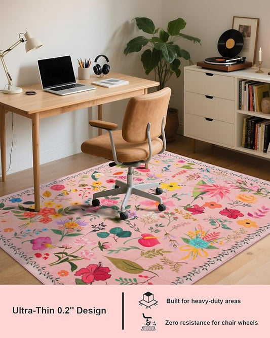 Boho Washable Area Rug 4x6 – Floral Low Pile Non-Slip Carpet for Living Room, Bedroom, Office, Playroom, Entryway, Kitchen, Dining Room (Pink)