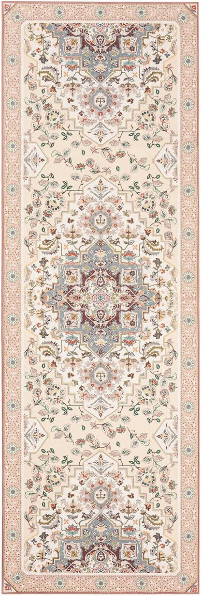 Phantoscope Washable Runner Rug 2'x6' Non-Slip, Vintage Boho Hallway Rugs for Entryway, Stair, Bedroom, Persian Floral Medallion Pattern, Low-Pile Foldable Floor Carpet, Ivory Rose/Fall Bloom