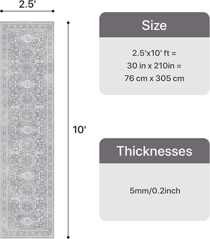 Bavni Washable Runner Rug 2’6”x10, Non Slip Vintage Hallway Runner, Ultra Thin Low Pile Washable Carpet for Kitchen Entryway Bedroom, Grey