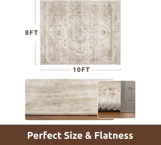 AMOAMI-Area Rug 9X12 Rugs for Living Room-Vintage Soft Beige Rugs for Bedroom-Non Slip Carpet-Washable Rug for Dining Room Living Room Bedroom Office Under Table