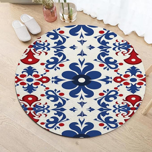 Vintage Blue Flowers Washable Round Rugs Oriental Tribal Floral Circle Rugs for Living Room Entryway Round Area Rug Soft Non Slip Nursery Carpet for Bedroom Dining Coffee Table 5ft