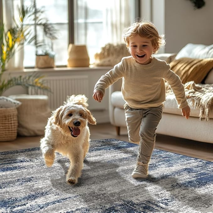 Bavni 8x10 Area Rugs, Modern Living Room Rugs, Large Machine Washable Rug Non-Slip, Soft Pet Friendly Rugs for Bedroom, Playroom, Dining Room, Indoor, Blue/Ivory