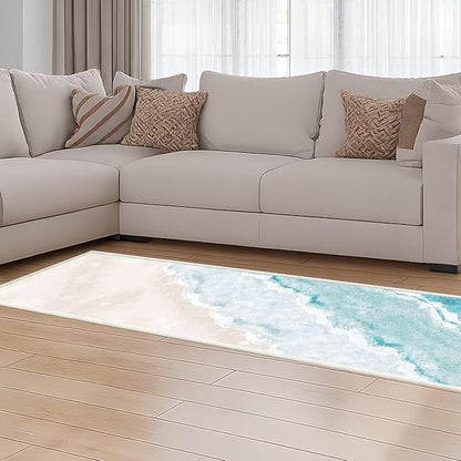 Beach Pattern 2.6x8ft Runner Rug Non Slip Washable Kitchen Runner Rug with Rubber Backing，Low-Pile Soft Washable Runner Rugs for Hallway Entryway Kitchen Bedroom Living Room Bathroom