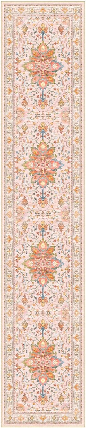 Area Rugs 2'6''x14' Washable Non-Slip, Floral Vintage Distress Print Pattern Medallion Carpet for Living Room Bedroom Dining Room, Light Pink Colorful