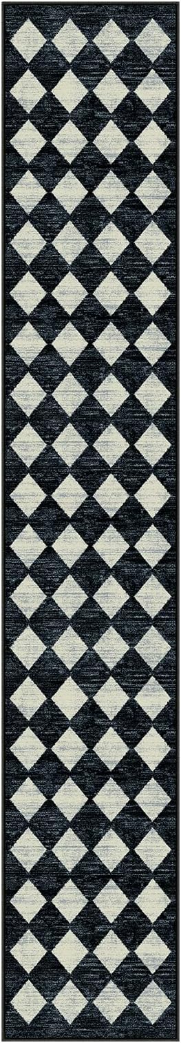 Lahome Checkered Washable 2x12 Runners for Hallways Non Slip, Black Kitchen Bathroom Runner Rugs, Modern Trellis Ultra-Thin Indoor Carpet Runner for Bedroom Dorm Classroom Decor (2'x12',Black)