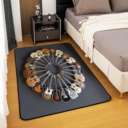 Round Guitar Area Rug 3x5 Musical Instruments Rugs for Living Room | Music Notes Modern Rock Washable Rug, Grunge Hip Hop Carpet Indoor Floor Mat