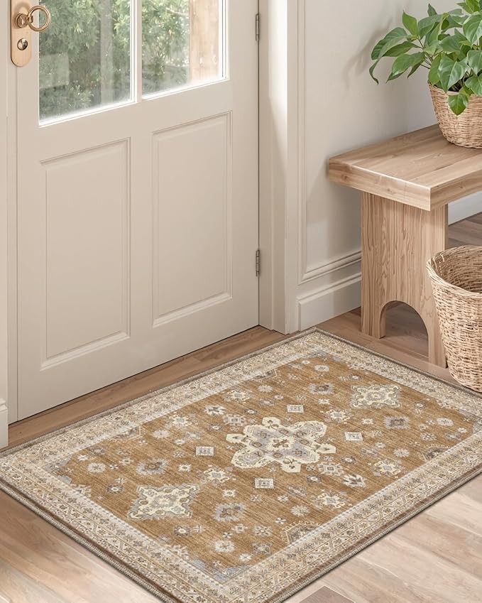 DEXI Area Rugs for Entryway 2x3, Washable Low Pile Vintage Traditional Entry Rug Non Slip, Small Indoor Door Mat for Bedroom Kitchen Entrance Hallway, Light Brown
