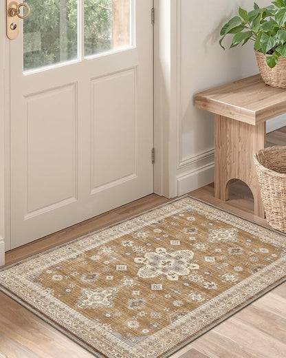 DEXI Area Rugs for Entryway 2'8"x4', Washable Low Pile Vintage Traditional Entry Rug Non Slip, Indoor Door Mat for Bedroom Kitchen Entrance Hallway, Light Brown