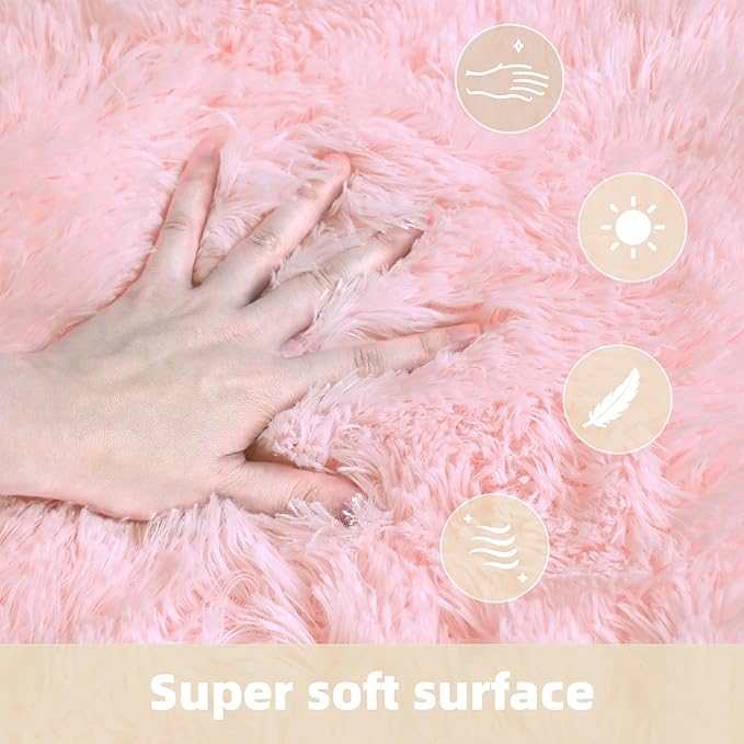 5x7 Solid Fluffy Pink Area Rug – Washable, Durable,Large Living Room Rug, Non-Slip High Pile Shag Rugs for Bedroom, Bedside, Dorms, Nursery Rooms, Kids Room, Soft Indoor Floor Carpet Decor