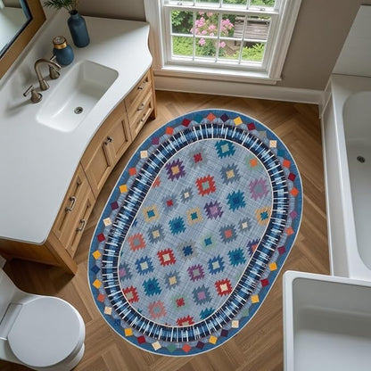 Funky Vintage Blue Red Orange Geometric Texture Indoor Area Rug for Living Room Bedroo Dining Room Faux Wool Soft Low Pile Oval Rugs 3x5 Entrance Nursery Farmhouse Rustic Country Home Office Carpet