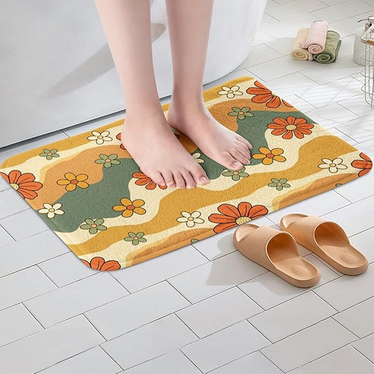 Erosebridal Girls Groovy Party Decorations Bath Rugs for Kids Teens Boho Hippie Flower Bathroom Mats for Women Cute Rainbow Striped Bath Carpets 20x32 Minimalism Abstract Art Floor Mats
