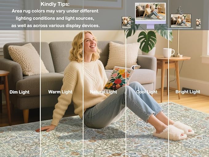 4x6 Area Rug for Bedroom Beside Rug, Laundry Room, Entryway, Kitchen, Washable Non-Slip Low Pile Ultra Soft Stain Resistant Carpet (Beige Blue)