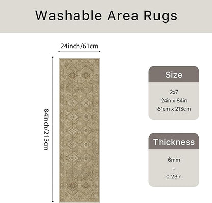 Bavni 2x7 Runner Rug Non Slip, Machine Washable Rug Runners for Hallways, Vintage Distressed Print Kitchen Runner, Low Pile Lightweight Carpet Runner for Entryway Laundry Bedroom Bathroom Nut Brown